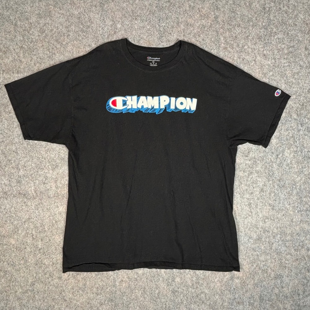 Champion T-Shirt Mens 2XL Black Excellent Graphic Logo Short Sleeve 6122